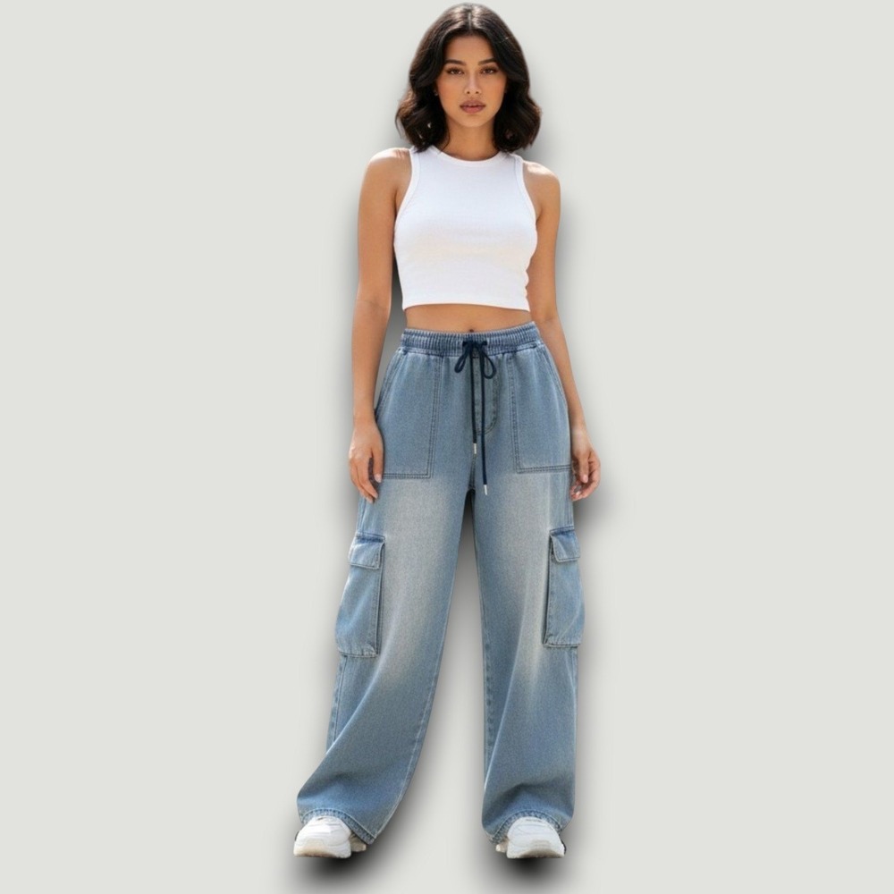 DAZY Cargo Jeans Womens M Blue Wide Leg Elastic Waist Baggy Skater Retro Y2K